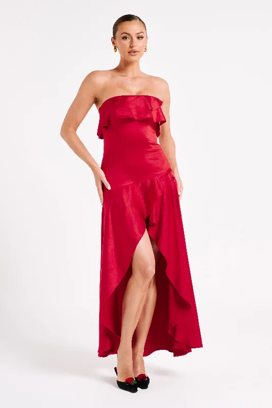 Sulianna Strapless Ruffle Midi Dress - Vermilion Red Spring Fling Sale