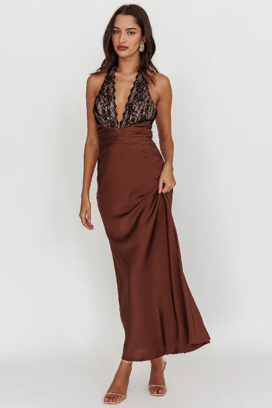 Rarity Satin Lace Halterneck Maxi Dress Coffee Style Upgrade