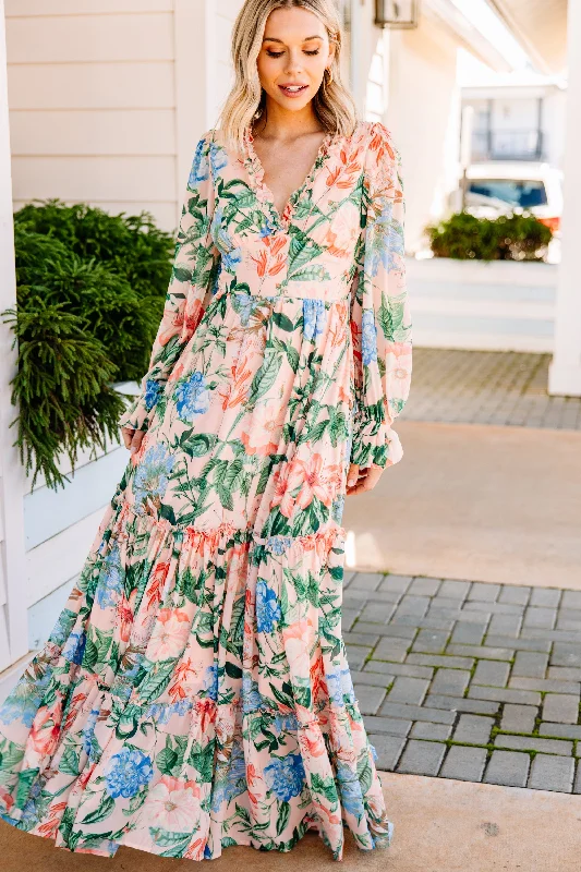 Let's Go Back Peach Pink Floral Maxi Dress Big Discounts