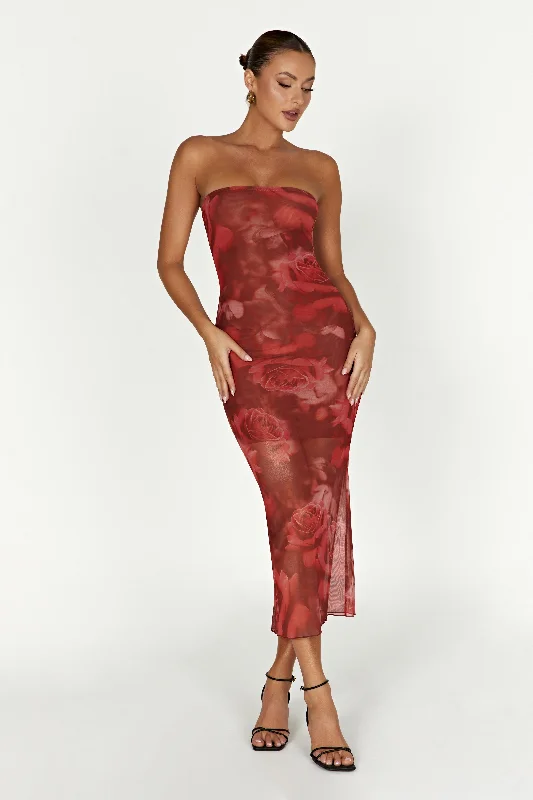 Aphrodite Strapless Mesh Dress - Oversized Rose Print Seasonal Clearance