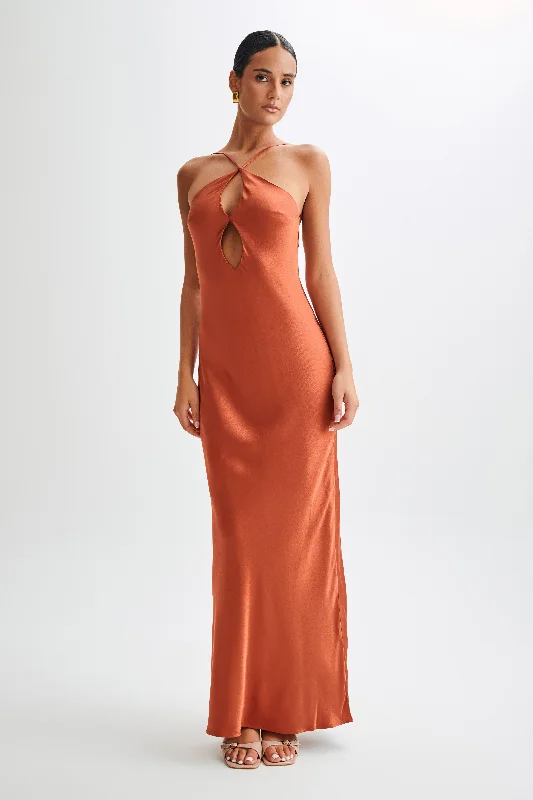 Lucia Satin Cut Out Maxi Dress - Burnt Orange Exclusive Sale