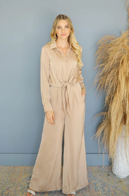 Madeline Taupe Satin Jumpsuit - Nursing Friendly - FINAL SALE Low Price Special