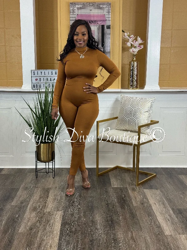 Eyes On You L/S Jumpsuit (Dark Camel) Trend Alert