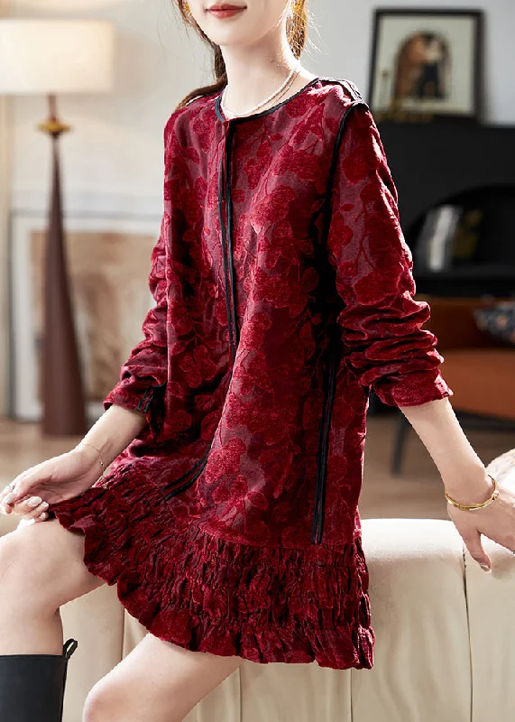 Chic Red O Neck Ruffled Patchwork Velvet Mid Dress Spring Daily Deals