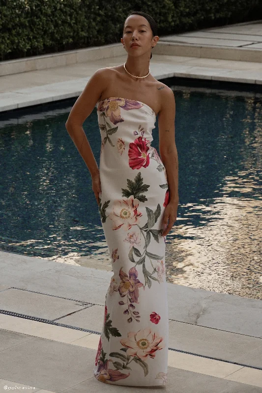 Claudette Strapless Satin Maxi Dress - Bella Rosa Print Artful Design