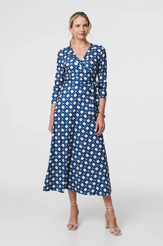 Geo Print 3/4 Sleeve Midi Wrap Dress Contemporary Chic