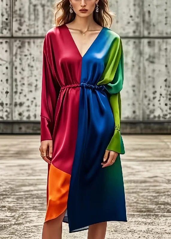 DIY Colorblock V Neck Patchwork Tie Dye Silk Dress Spring Graceful Drape