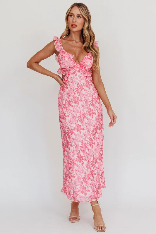 Second Chances Ruffle Trim Maxi Dress Floral Pink Day-To-Night Styles