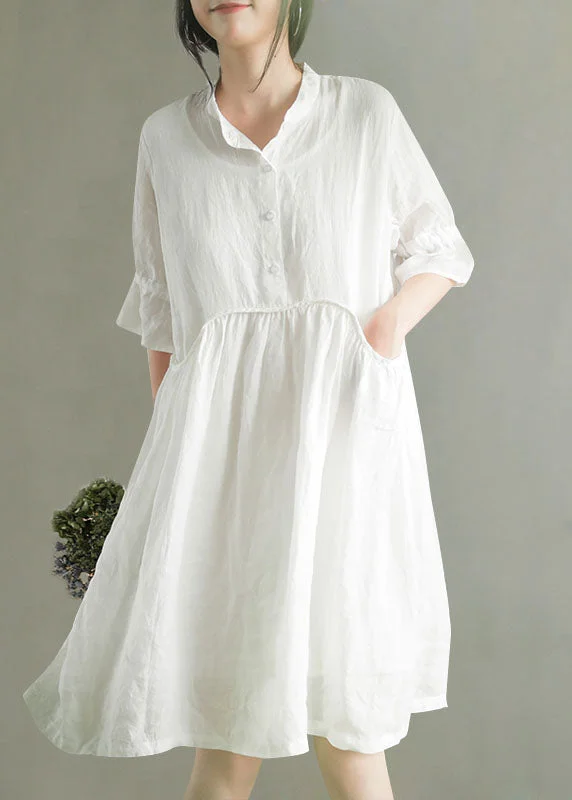 White Wrinkled Button Solid Ramie Mid Dress Half Sleeve Elegant Style