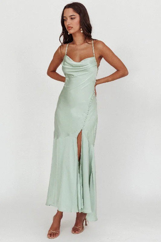 Elpis Cowl Button Satin Maxi Dress Mint Discover Promotions