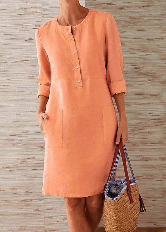 Women Orange O Neck Pockets Cotton Dress Fall Elegant Clothing