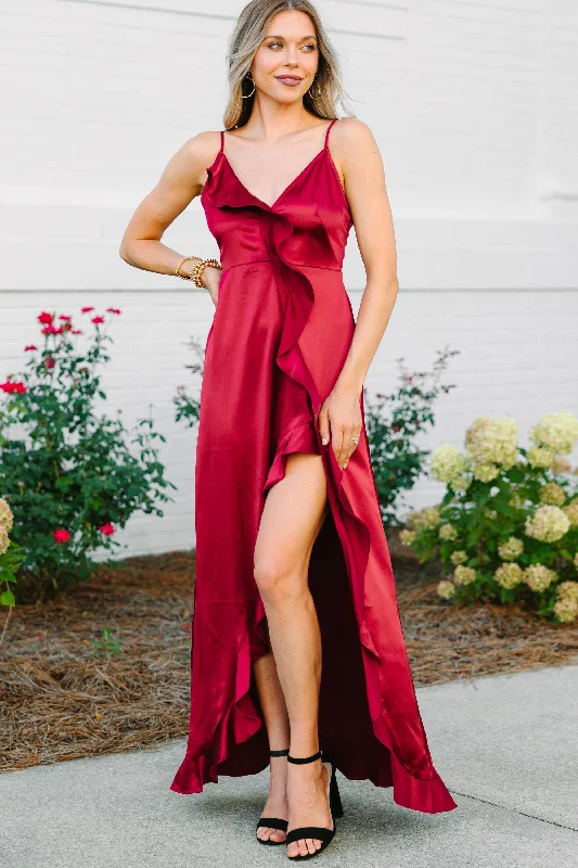 It's Gotta Be Love Burgundy Red Ruffled Maxi Dress End Of Season Sale