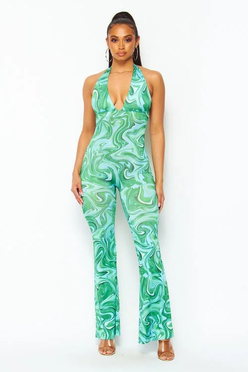 Best Days Printed Plunge Neck Halter Jumpsuit Best Sellers