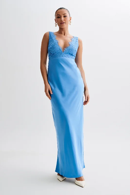 Ricci Satin And Lace Maxi Dress - Iris Blue Limited Stock