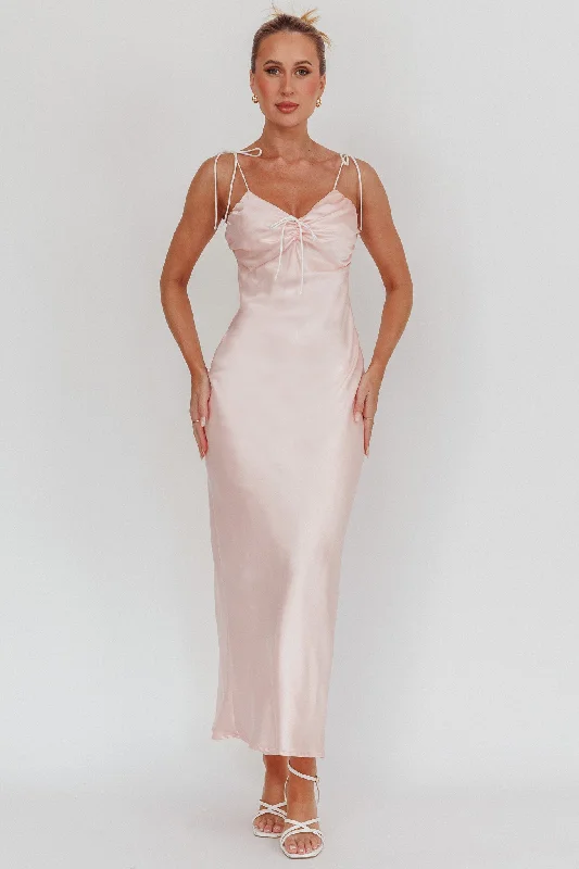 Slow Burn Tied Shoulders Satin Maxi Dress Pink Exclusive Sale