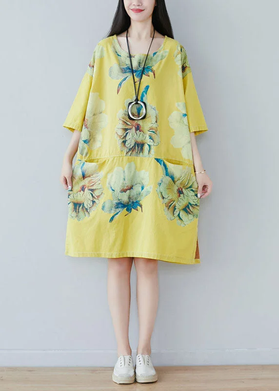 Yellow Patchwork Print Cotton Dress Half Sleeve Stylish Looks