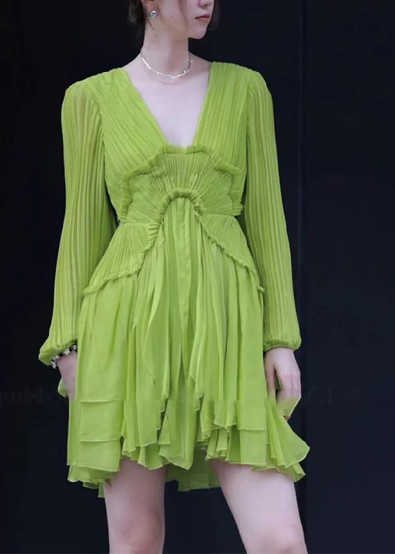 Fine Green V Neck Ruffled Patchwork Mid Dresses Spring Limited Stock