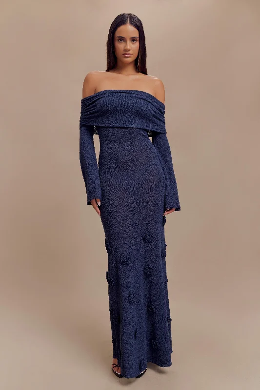 Kiki Off Shoulder Knit Rose Maxi Dress - Navy Special Offer