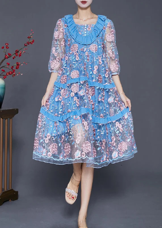 Modern Lake Blue Ruffled Patchwork Embroidered Tulle Dress Summer Exclusive Discounts