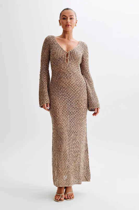 Kayleigh Crochet Fishtail Flare Sleeve Maxi Dress - Taupe Vintage Inspired Fashion Sale