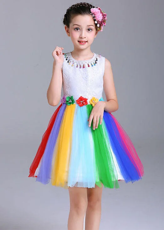 Style Rainbow O Neck Floral Patchwork Tulle Kids Girls Dresses Sleeveless Big Savings On Rustic Countryside Styles