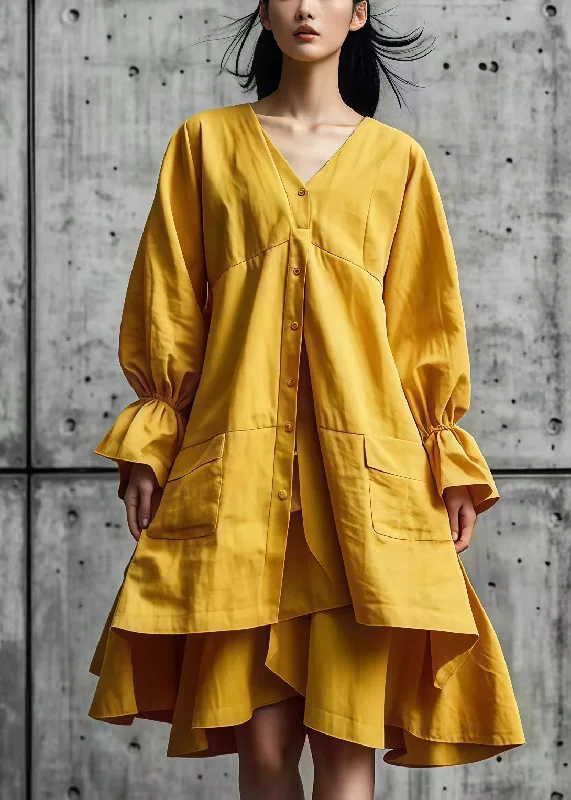 Women Yellow Asymmetrical Design Cotton Shirt Dresses Fall Feminine Flow