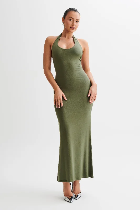 Jessica Modal Halter Maxi Dress - Military Olive Versatile Wardrobe Essentials