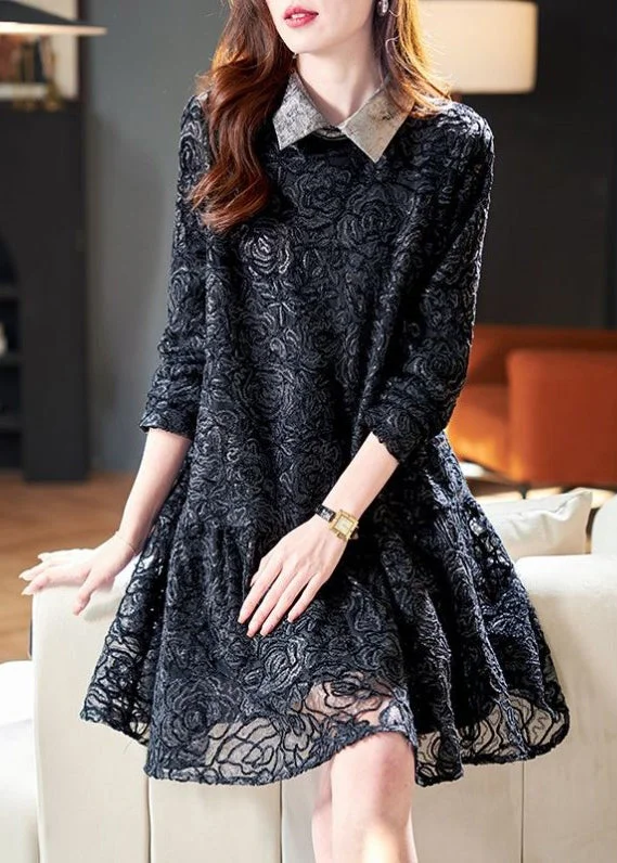 French Black Peter Pan Collar Patchwork Lace Dresses Spring Vibrant Femme Fashion