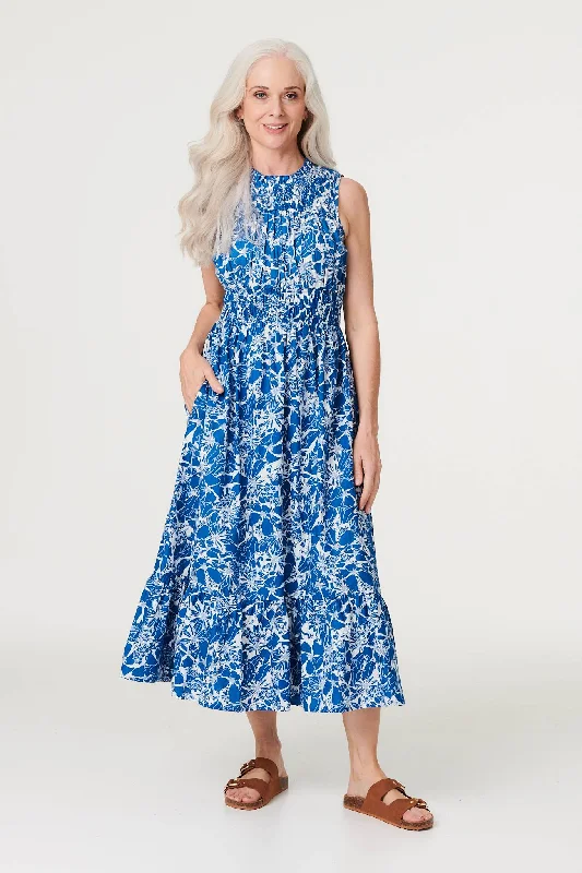 Floral High Neck Shirred Midi Dress Trend Forward Women's Wear