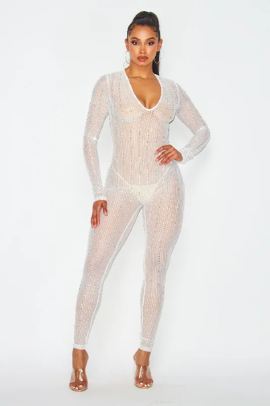 Legendary Sheer Mesh Pinstripe Rhinestone Catsuit Exclusive Deals Online