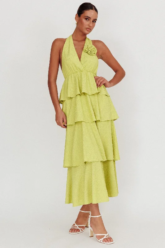 Kimberley Halter Neck Ruffle Maxi Dress Matcha Shop Sale Items