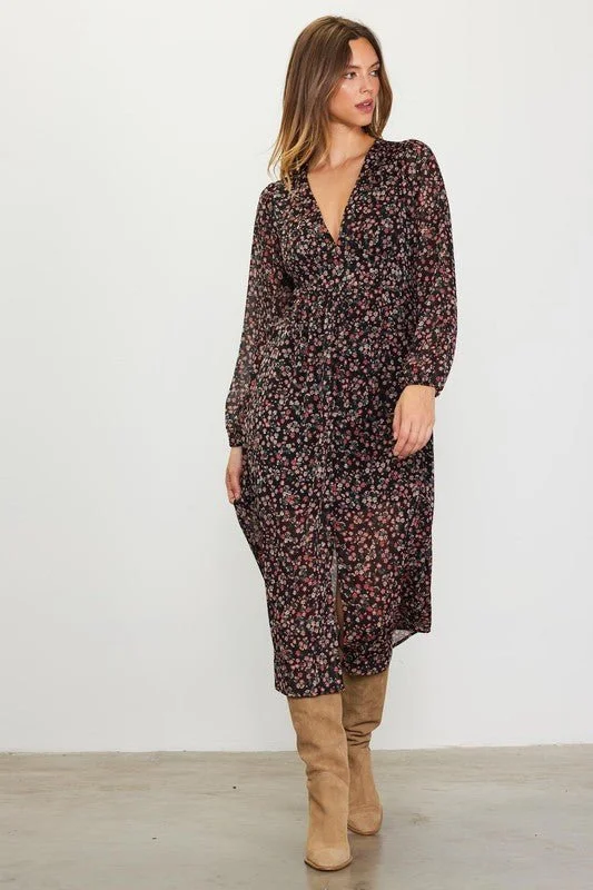 Long Sleeve Floral Print Midi Dress End Of Season Clearance