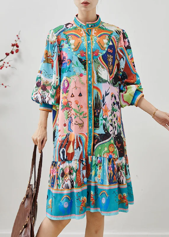 Stylish Blue Original Design Print Cotton Tea Dress Fall Trendy Street Style Attire