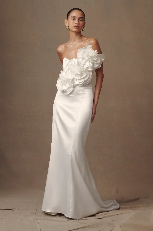 Olivia Strapless Satin Rose Wedding Gown - White Everyday Glamour