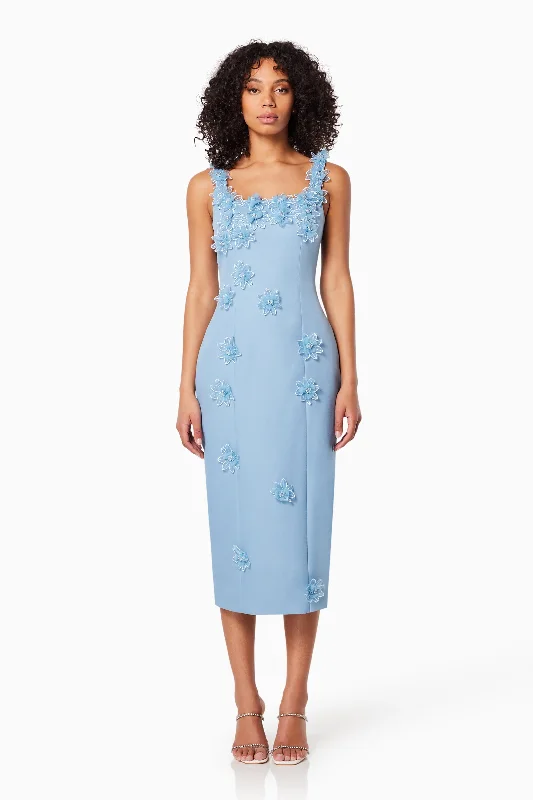 Prague 3D Floral Midi Dress In Blue High End Women's Wear