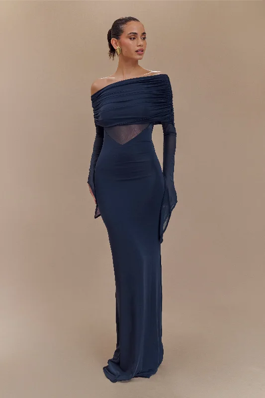 Kaitlin One Shoulder Slinky And Mesh Maxi Dress - Midnight Blue Latest Trends