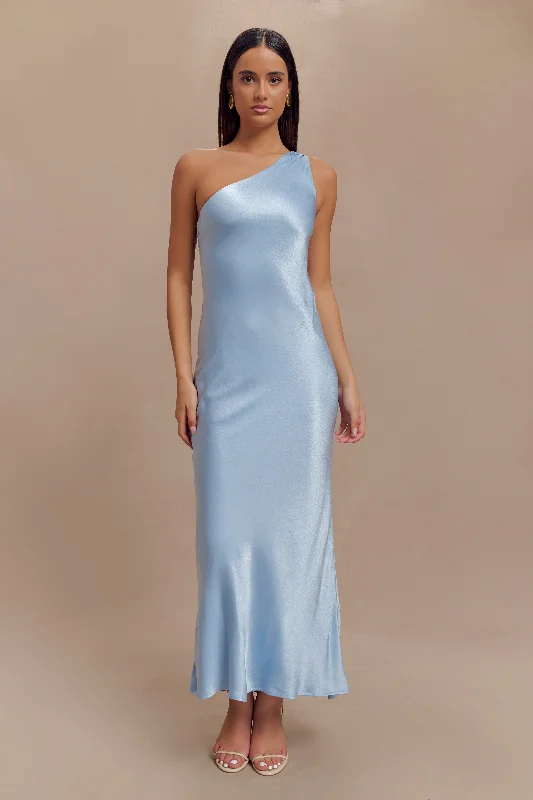 Camille One Shoulder Satin Maxi Dress - Cornflower Blue Trendy Threads