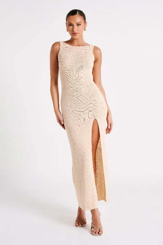 Maxine Sheer Knit Maxi Dress - Wheat Essentials On Sale