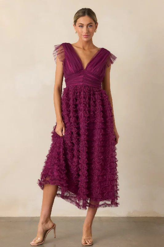 Fearless Hearts Plum Ruffle Midi Dress Exclusive Sale