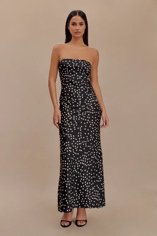 Claudette Strapless Satin Maxi Dress - Black Polka Dot Print Tropical Island - Inspired Attire