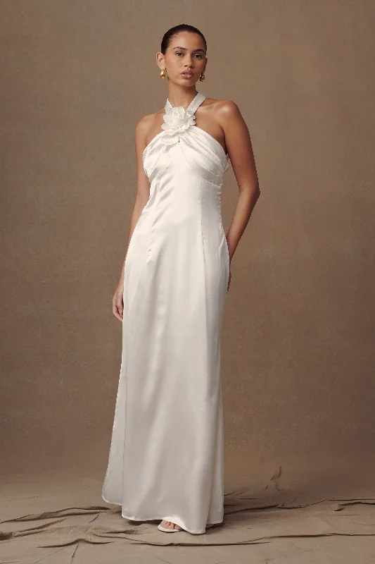 Dylan Rose Halter Maxi Dress - White Flowing Silhouette