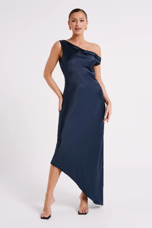 Yvette Slip Maxi Dress With Asymmetrical Hem - Navy Great Prices On Feminine Styles