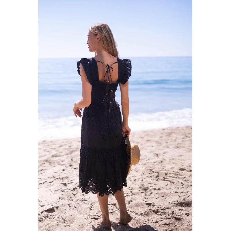 Black Smocked Eyelet Midi Dress Playful Elegance