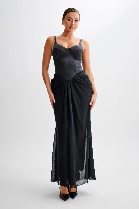 Leila Satin Corset Maxi Dress - Black Trendy Fashion For Women