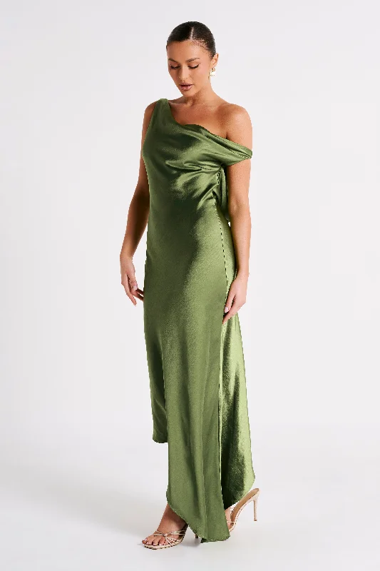 Yvette Slip Maxi Dress With Asymmetrical Hem - Emerald Ride The Style Wave