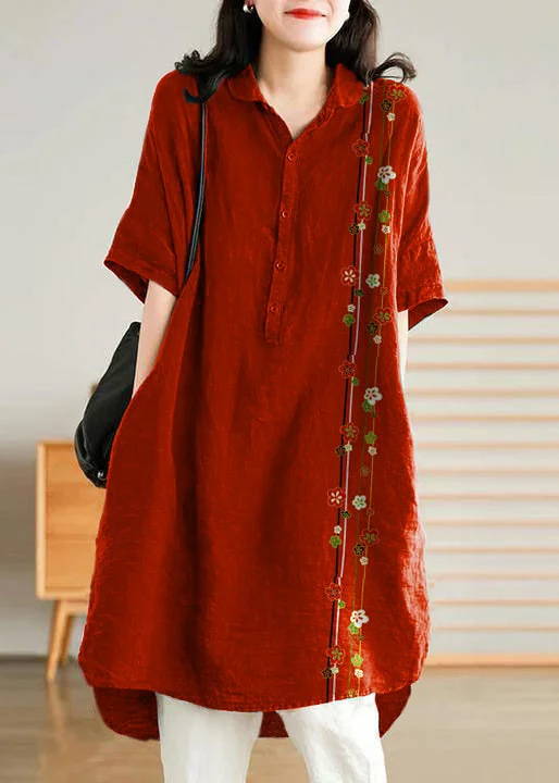 Jade  red flower Linen Women Casual Linen Shirt Dress Imeless Style