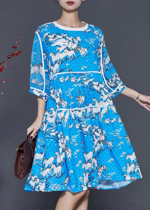 French Blue Oversized Print Chiffon Mid Dress Summer Unleash Your Fashion