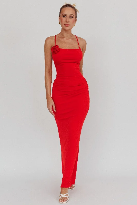 Ignite Rosette Backless Maxi Dress Cherry Evening Elegance