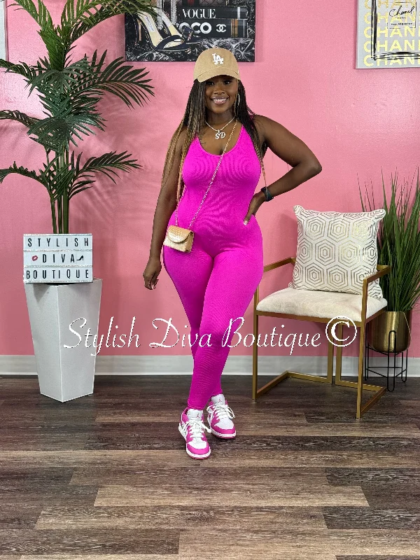 Ribbed Seamless Jumpsuit (Hot Pink) Hot Sale