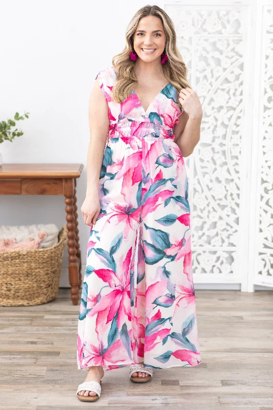 Pink Tropical Floral Print Chiffon Jumpsuit Summer Fashion